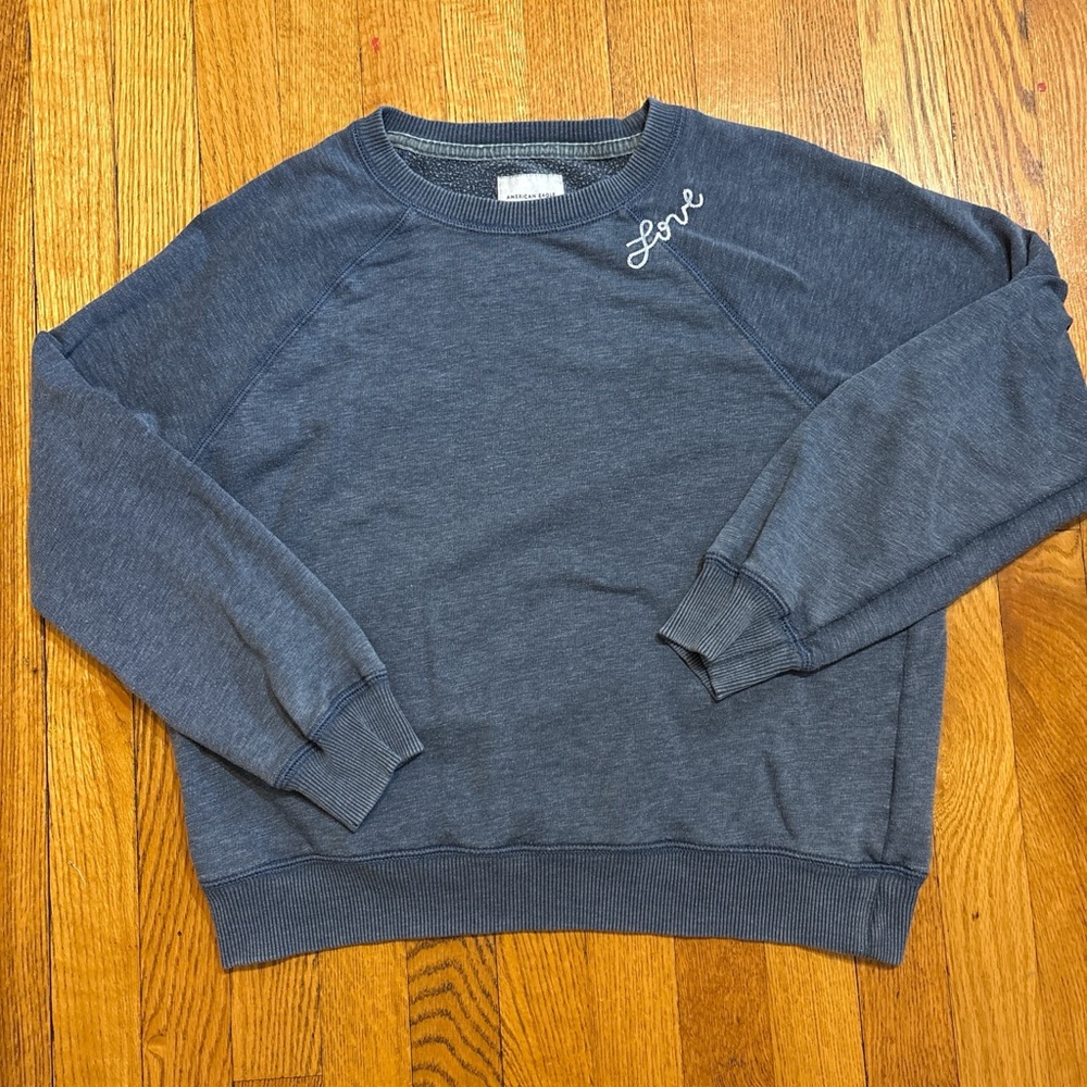American Eagle Outfitters Dark Blue 'Love' Embroidered Crewneck Sweater